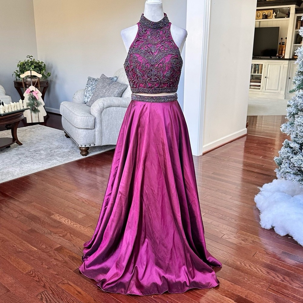 Renaissance Collection Luxury 2 Piece Plum Embellished Matching Skirt Set